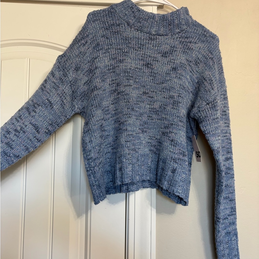 SO Heathered Blue Cropped Mock Neck Sweater